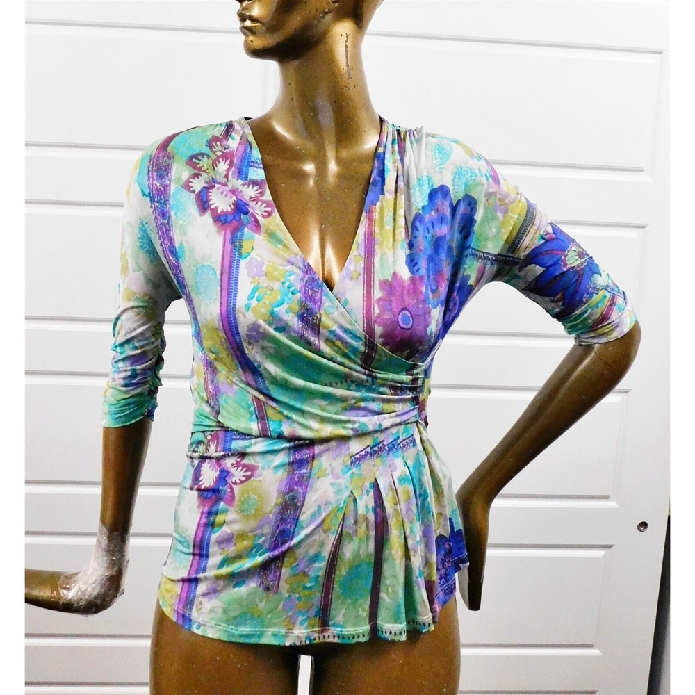 Etro Milano Multi Floral Wrap Stretchy V-neck Top Italy sz 42